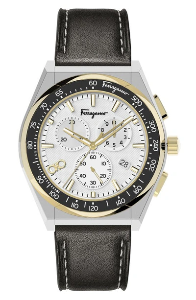 Ferragamo Chronograph Sport Leather Strap Watch, 43mm In Stainless Steel