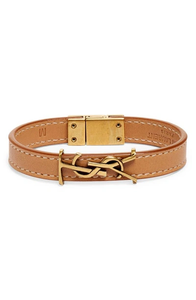 Saint Laurent Ysl Insignia Leather Bracelet In Vintage Brown Gold