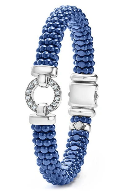 Lagos Sterling Silver Ceramic Caviar & Diamond Circle Bracelet In Blue/silver