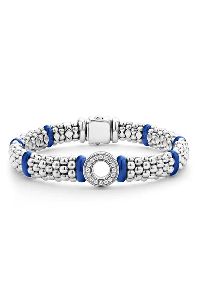 Lagos Blue Caviar Marine Ceramic 9mm Rope Bracelet With 11mm Diamond Circle In Silver