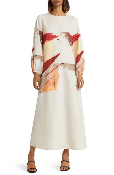 Misook Painted Sunset Long Sleeve Maxi Dress In Beige