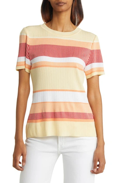 Misook Rib Stripe Short Sleeve Sweater In Citrus/multi