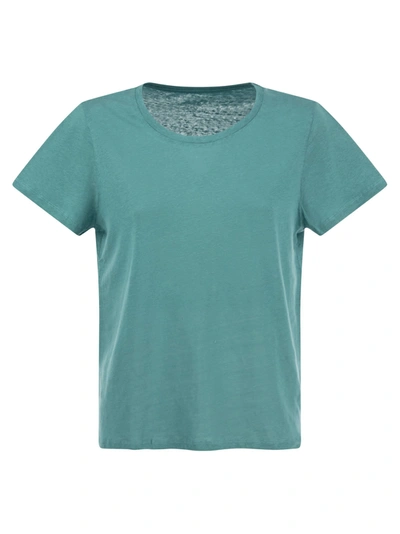 Majestic Crew-neck T-shirt In Linen And Short Sleeve In Turquoise