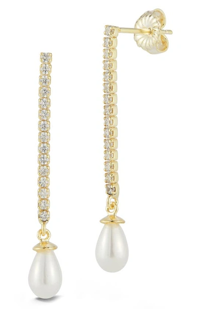 Chloe & Madison Sterling Silver, Cz & 5-5.5mm Cultured Pearl Dangle Earrings In Gold