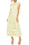 Mac Duggal High Neck Ruffle Cap Sleeve Floral Dress In Yellow Multi