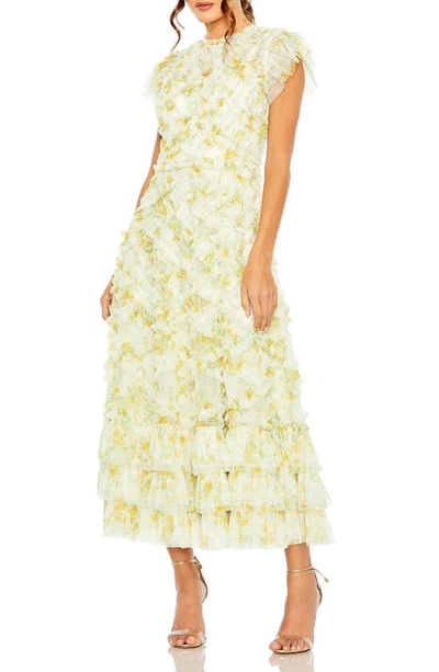 Mac Duggal High Neck Ruffle Cap Sleeve Floral Dress In Yellow