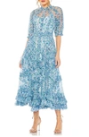 Mac Duggal Mesh Puff Sleeve Floral Print Dress In Blue Multi