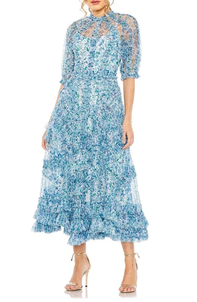 Mac Duggal Mesh Puff Sleeve Floral Print Dress In Blue Multi