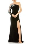 Mac Duggal One Shoulder Long Sleeve Floral Embellished Gown In Black Multi