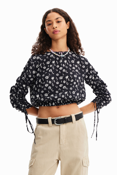Desigual Short Gathered Floral Blouse In Blue