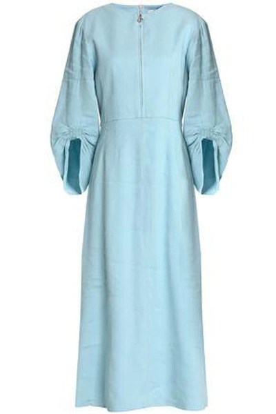 Tibi Woman Ruched Linen-blend Midi Dress Sky Blue
