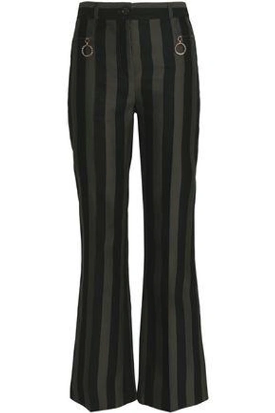 Nina Ricci Woman Striped Cotton And Silk-blend Flared Pants Army Green