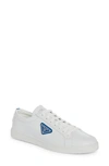 Prada Lane Triangle Logo Low Top Leather Sneaker In Bianco/ Cobalto