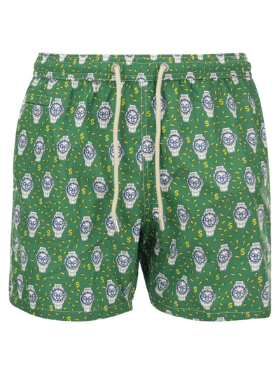 Mc2 Saint Barth Lightweight Fabric Swim Boxer Shorts With Print In Green