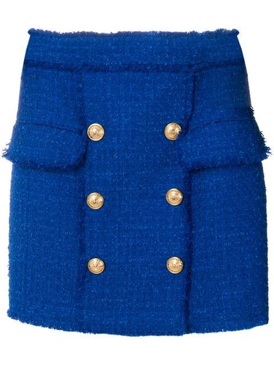 Balmain Button Embellished Tweed Skirt In Blue