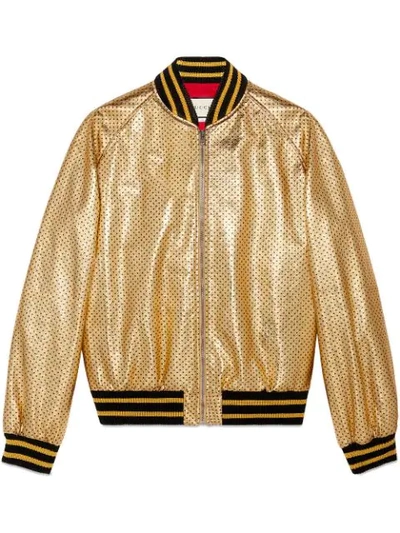 Gucci Metallic Perforated Leather Bomber Jacket In Gold