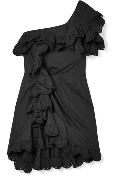 Isabel Marant Jiska One-shoulder Ruffled Broderie Anglaise Cotton Mini Dress In Black