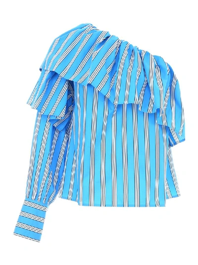 Msgm Asymmetric Ruffle Trim Shirt In Blu-bianco