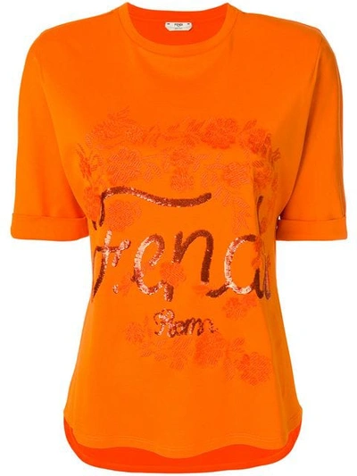 Fendi Embroidered Cotton T-shirt In Happiness|arancio