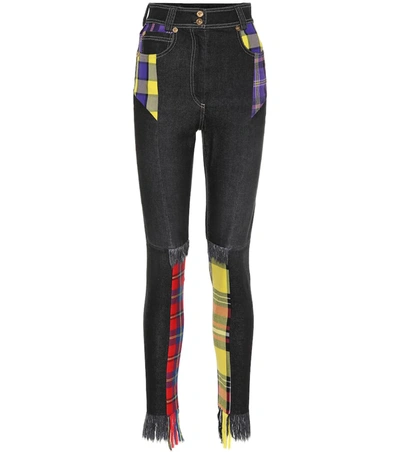 Versace High Waisted Plaid Patch Cotton-blend Jeans In Black
