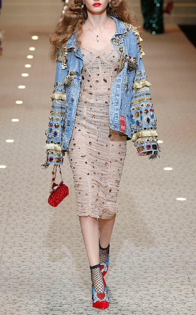 Dolce & Gabbana Embellished Ruched Dress In Neutral