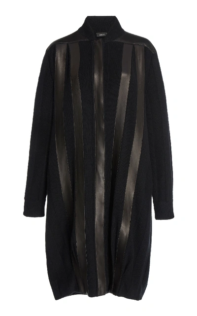 Akris Button-front Long-sleeve Leather-stripe Cashmere Long Cardigan In Black