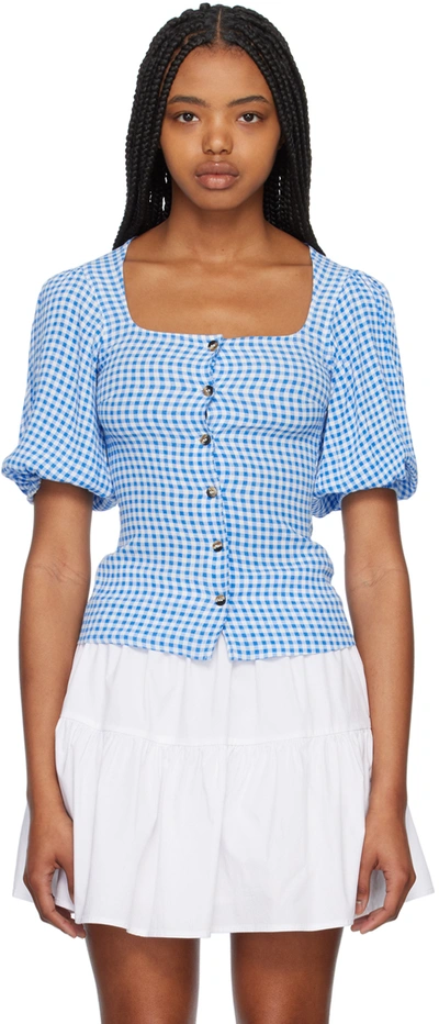 Ganni Blouse With Gingham Print In Blue