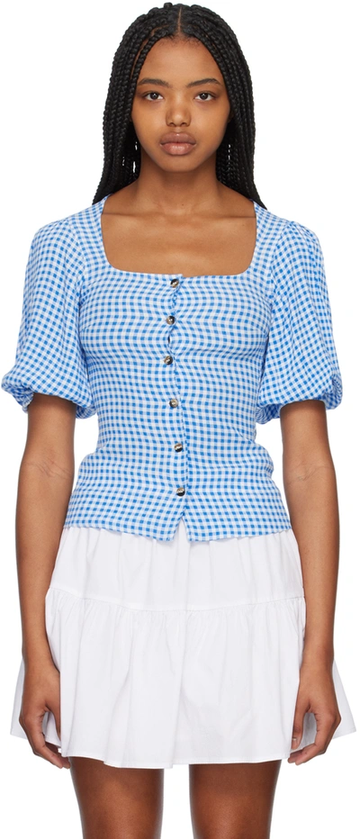 Ganni Blouse With Gingham Print In 799 Strong Blue
