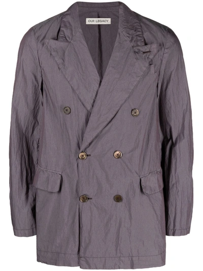 Our Legacy Sharp Double-breasted Crinkled Cotton-blend Blazer In Grey