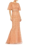 Mac Duggal Embellished Neck Butterfly Sleeve Trumpet Gown In Cinnamon