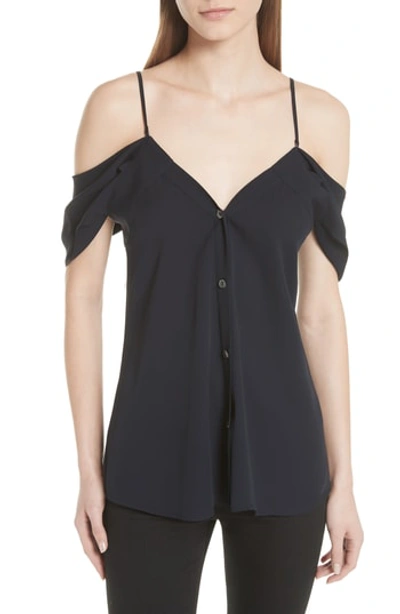 Theory Convertible Neck Silk Georgette Top In Navy