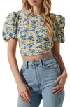 Astr Tie Back Puff Sleeve Crop Top In Yellow Blue Floral