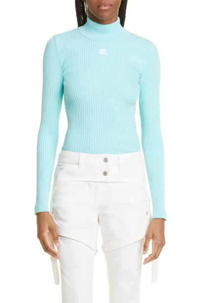 Courrèges Mock Neck Rib Sweater In Turquoise