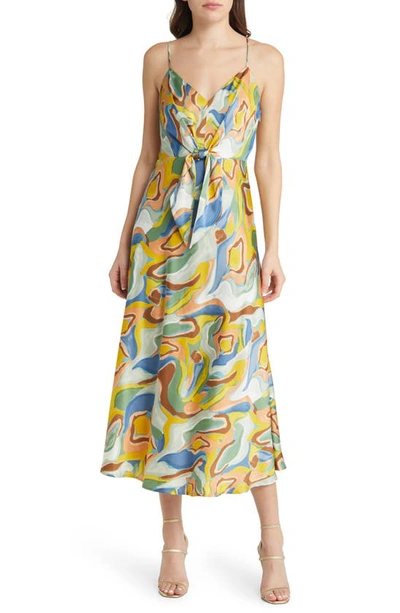 Floret Studios Printed Tie Front Satin Maxi Dress In Yellow Multi Swirl