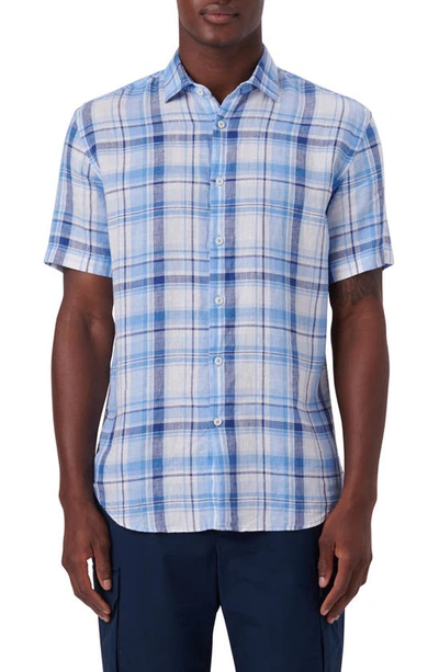 Bugatchi Plaid Short Sleeve Linen Button-up Shirt In Classic Blue
