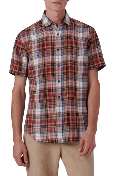 Bugatchi Plaid Short Sleeve Linen Button-up Shirt In Caramel
