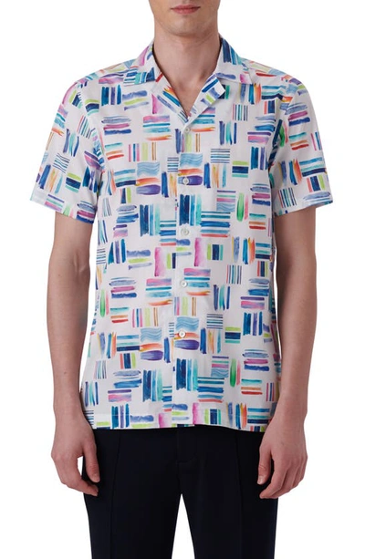 Bugatchi Brushstroke Print Camp Shirt In White