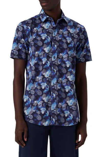 Bugatchi Orson Paisley Mixed Print Short Sleeve Stretch Cotton Shirt In Midnight