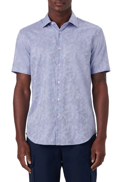 Bugatchi Floral Pincheck Short Sleeve Stretch Cotton Shirt In Air Blue