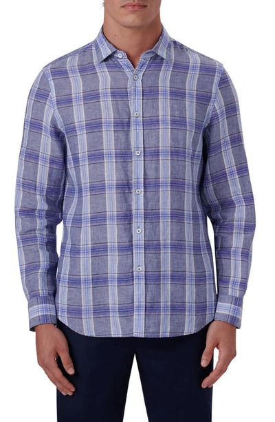 Bugatchi Plaid Linen Button-up Shirt In Denim
