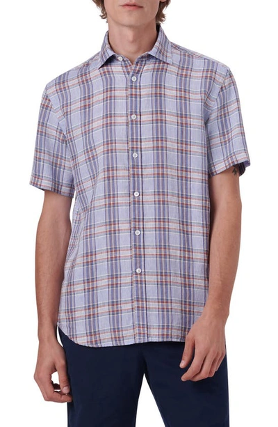 Bugatchi Plaid Short Sleeve Linen Button-up Shirt In Sky