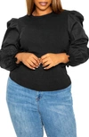 Buxom Couture Mixed Media Balloon Sleeve Blouse In Black