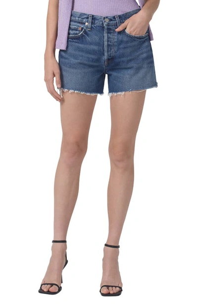 Citizens Of Humanity Annabelle Raw Hem High Waist Mid Length Organic Cotton Denim Shorts In Multi