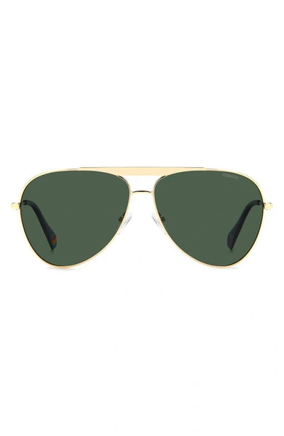 Polaroid 61mm Flat Front Polarized Aviator Sunglasses In Gold/ Green Polarized