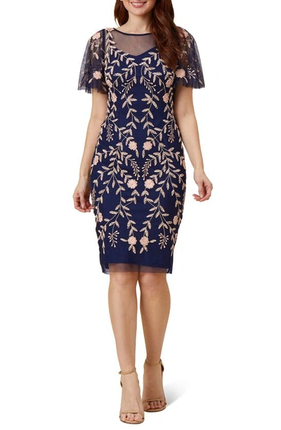 Adrianna Papell Floral Beaded Sheath Dress In Navy/blush