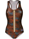 Faith Connexion Camouflage Print Zip Swimsuit In Brown