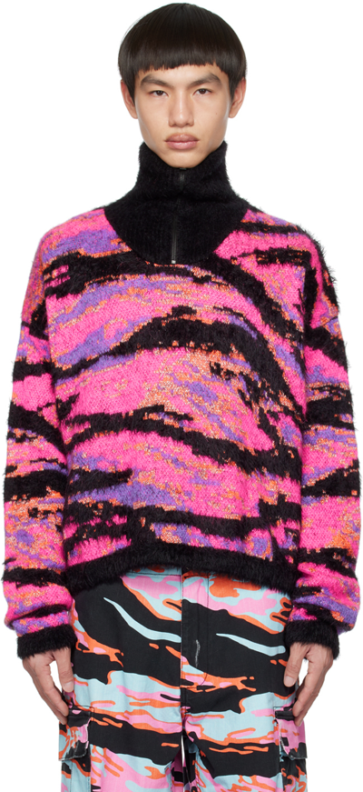 Erl Metallic Jacquard-knit Half-zip Sweater In Pink