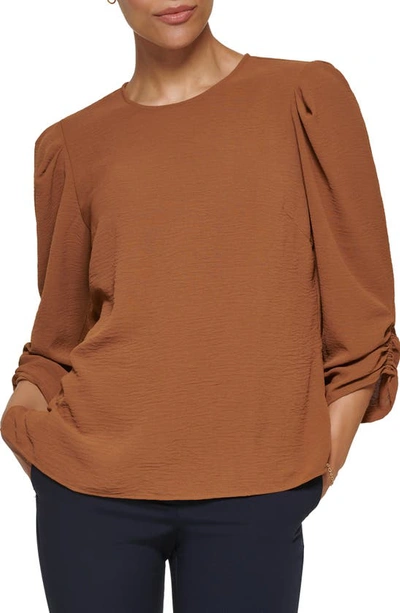 Dkny Ruched 3/4 Sleeve Blouse In Toffee