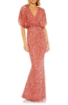 Mac Duggal Draped Sleeve V Neck Gown In Paprika