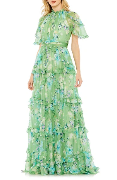 Mac Duggal Floral Print Chiffon Cascading Ruffle Raglan Gown In Green Multi